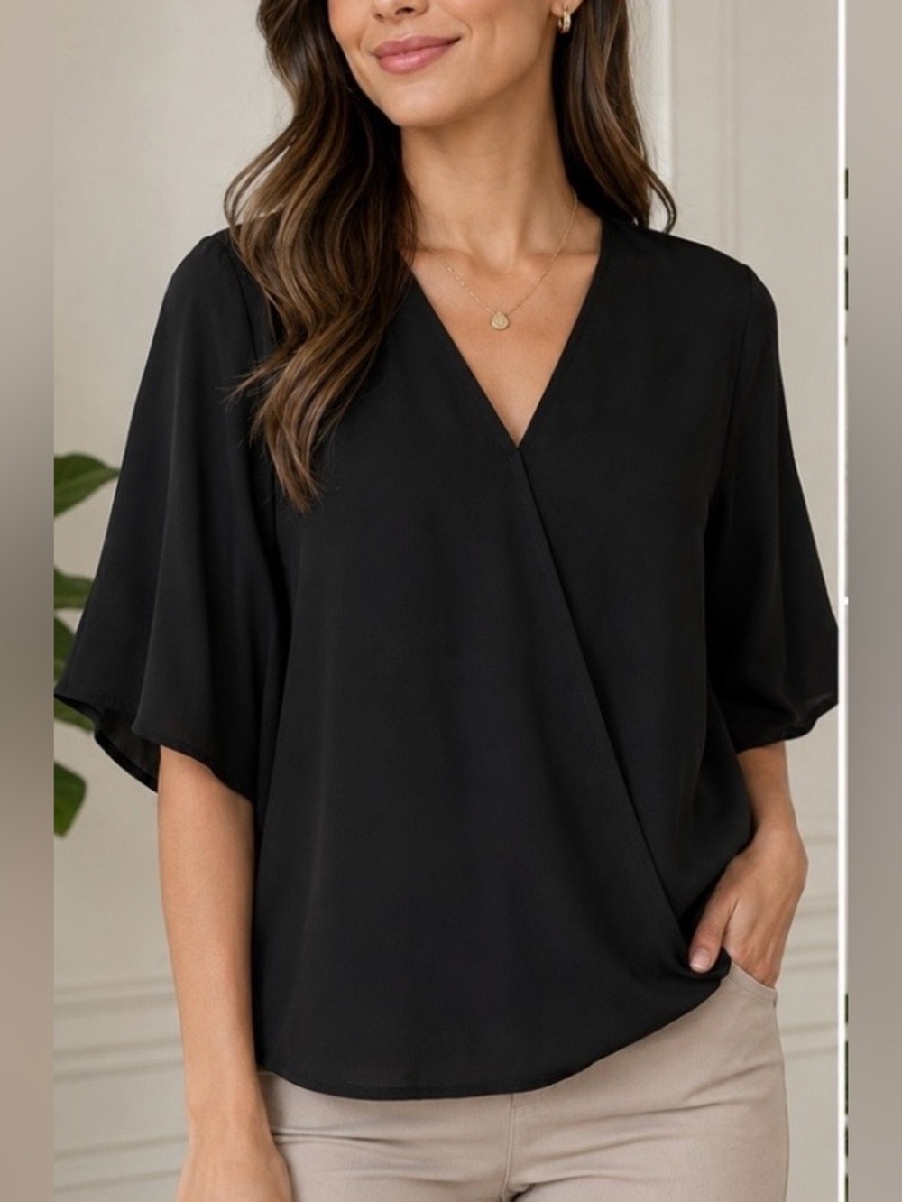 NWT The Limited Black Faux Wrap V-Neck Kimono Sleeve Blouse Size S